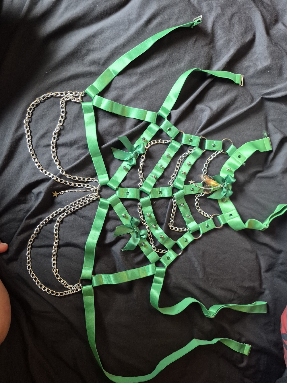 Green Satin Harness with Silver Chains